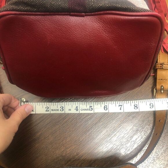 Burberry Belgrove Red Fringe Suede Leather Nova Check Bucket Bag Crossbody - Picture 10 of 13